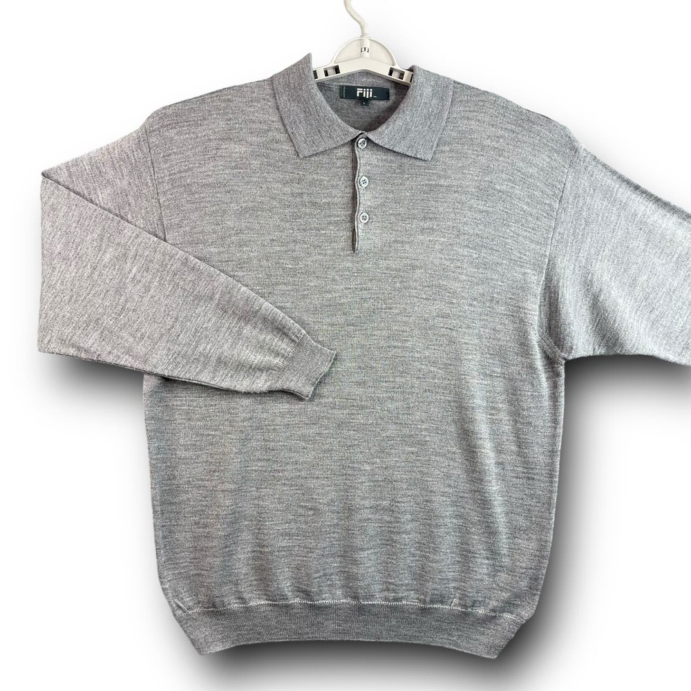 Fiji Mens Pullover Button Down Sweater Size Large Gray Wool Blend
